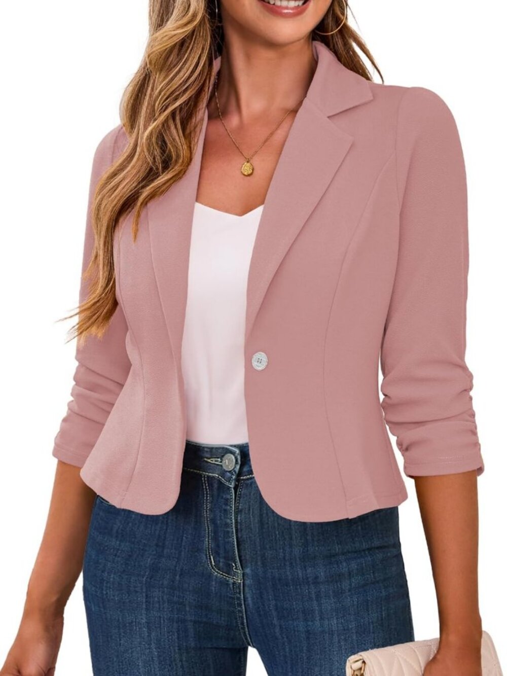 Chic Women's Cropped Blazer with 3/4 Ruched Sleeves - Stylish Business Casual